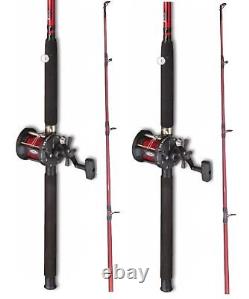 2 x Fladen 6 ft Red Boat Fishing Rods + Multiplier Reels with Red Line