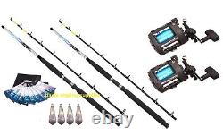 2 x Fladen Boat Fishing Rods + Reels + Tackle -Rigs weights & line included