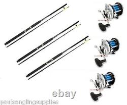 3 x Boat Sea Fishing Tackle Rods 6ft & 3 x Multiplier Reels + Line