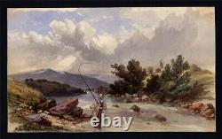 Fisherman In Landscape Antique Watercolour Painting 19th Century