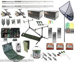 Full Carp Fishing Set Kit Rods Reels Alarms Bait Tackle Mat Shakespeare